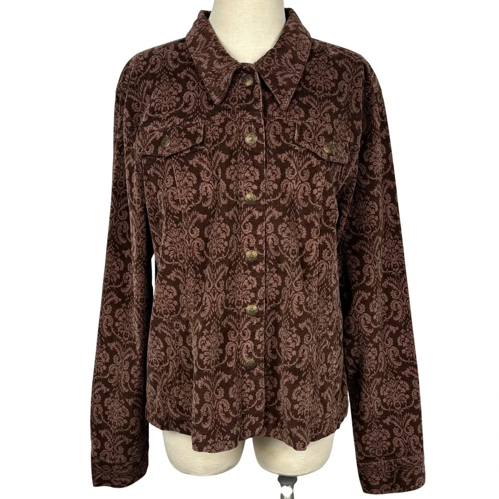 Dressbarn Corduroy Jacket Womens XL Brown Damask Print Snap Button Shacket‎